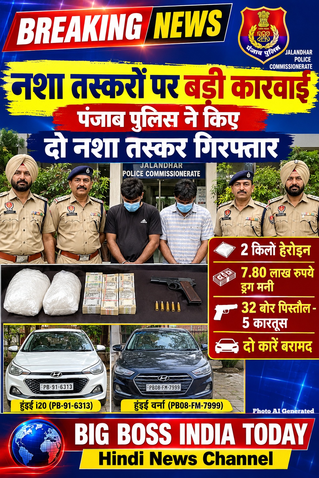 दो किलो हेरोइन, 7.80 लाख रुपए एक 32 बोर की पिस्तौल 5 कारतूस ,2 कारें बरामद सहित दो आरोपी गिरफ्तार