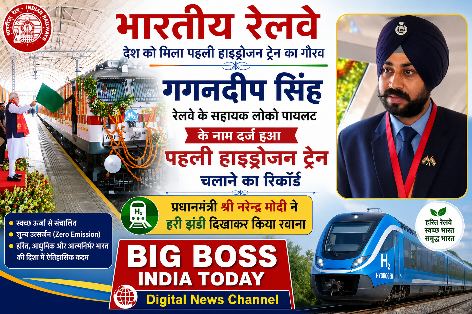 प्रधानमंत्री नरेन्द्र मोदी ने जींद से सोनीपत पहली हाइड्रोजन ट्रेन को हरी झंडी दिखा कर किया रवाना