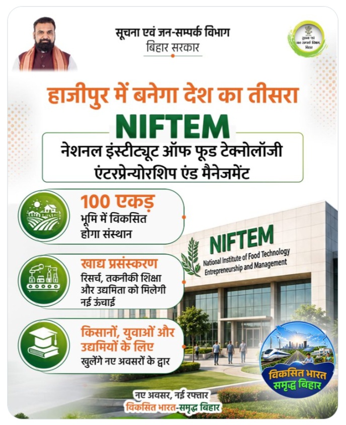 हाजीपुर में नेशनल इंस्टीट्यूट ऑफ फूड टेक्नोलॉजी, एंटरप्रेन्योरशिप एंड मैनेजमेंट संस्थान होगा स्थापित