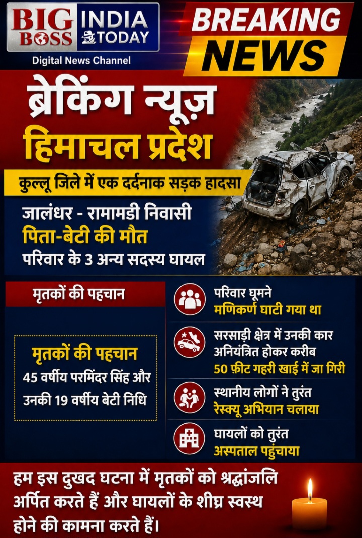 कुल्लू जिले में हुए एक दर्दनाक सड़क हादसा ● जालंधर रामामंडी निवासी पिता-बेटी की मौत