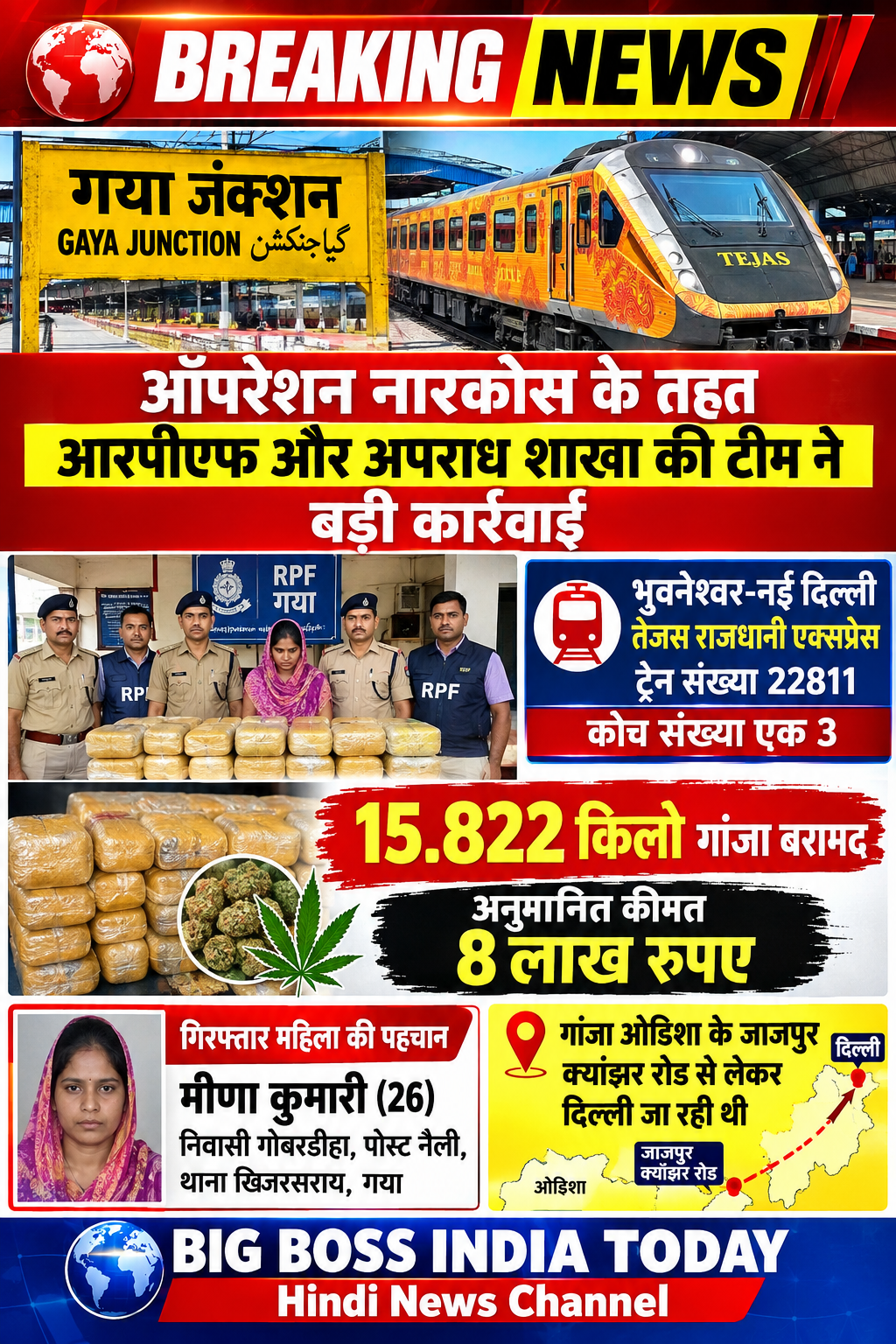 ट्रेन में सफर कर रही महिला से 15.822 किलो गांजा बरामद